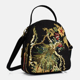 hoombox Women Canvas Ethnic Style Embroidery Peacock Pattern Sequin Mini Multi-carry Handbag Crossbody Bag