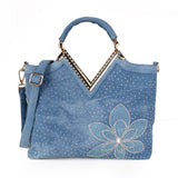 hoombox Fashion Women's V-shaped Diamond Flower Denim Bag