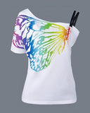 hoombox One Shoulder Butterfly Print Casual T-shirt