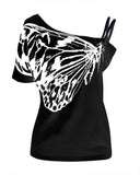 hoombox One Shoulder Butterfly Print Casual T-shirt