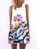 hoombox Digital Flower Printed Round Collar Sleeveless A-Line Vacation Dress