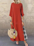 hoombox Casual Plaid Pure Colour Bracelet Sleeve Round Neck Dress