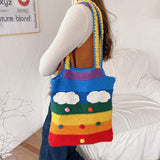 hoombox Women Rainbow Stripe Cartoon Cute Casual Youth Wool Knitted Bag Handbag Tote Crossbody Bag