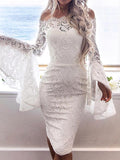 hoombox Elegant Chic Slim Lace Off Shoulder Flare Long Sleeve Bodycon Evening Dress