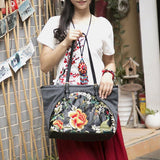 hoombox Women Canvas Ethnic Style Embroidered Floral Large Capacity Handbag Shoulder Bag Tote