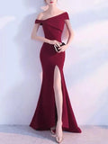 hoombox Fashion Boat Neck Pure Colour Slit Evening Dress