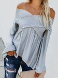 hoombox Elastic Off Shoulder Long Flare Sleeve Plain Pleated Loose T-Shirts