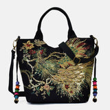 hoombox Women Canvas Embroidery Peacock Pattern Ethnic Style Multi-carry Handbag Crossbody Bag Shoulder Bag