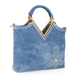 hoombox Fashion Women's V-shaped Diamond Flower Denim Bag