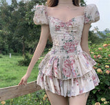 hoombox  Summer French Romantic Floral Mini Romper Square Collar Flowers Printed Chiffon Tiered Playsuit Cute Kawaii Feminine Romper  Fairy Dress