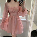 hoombox Pink Sweet Elegant Princess Dress Women Casual Korean Slim Long Sleeve Fairy Dress Female Backless Design Vintage Dress  New