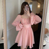 hoombox Pink Sweet Elegant Princess Dress Women Casual Korean Slim Long Sleeve Fairy Dress Female Backless Design Vintage Dress  New