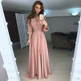 hoombox Fashion Womens Boho Long Sleeve Elegant Button Down V-neck Long Maxi Dress Ladies Evening Party Beach Bodycon Dresses Sundress