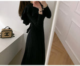 hoombox Vintage Elegant O-Neck Female Thicken Knit Long Dress Slim Full Sleeve Ruffles Women Sweater Dresses Vestidos Autumn Winter