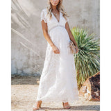 Summer Boho Women Maxi Dress Embroidery Short Sleeve Vocation Sexy White Lace Tunic Long Beach Dress