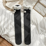 hoombox Japanese Vertical Stripe Plush Stockings Autumn Winter Cute Tights Kawaii Lamb Fur Wool Ball Calf Socks Lolita Knee High Socks