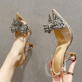 hoombox Fashion Crystal Sequined Bowknot Women Pumps Sexy Pointed Toe High Heels Wedding Prom Shoes Ladies PVC Transparent Sandals