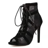 hoombox New Fashion Show Black Net Fabric Cross Strap Sexy High Heel Sandals Woman Shoes Pumps Lace-up Peep Toe Sandals Casual Mesh