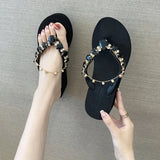 hoombox New Ins Rhinestone Chain Thick-soled Flip-flops Women Wear Beach Holiday Sandals and Slippers with Wedges Outside Summer.