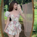 hoombox  Summer French Romantic Floral Mini Romper Square Collar Flowers Printed Chiffon Tiered Playsuit Cute Kawaii Feminine Romper  Fairy Dress