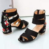 hoombox Summer Ethnic Style Embroidered Mid-heel Sandals Women  All-match Thick Heel Elegant Retro Open Toe Embroidered Shoes Women