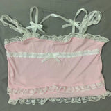 Pink Japanese Kawaii Lolita Crop Top Women White Korean College Style Sweet Tank Top Bow Lace France Princess Vset Female