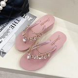 hoombox New Ins Rhinestone Chain Thick-soled Flip-flops Women Wear Beach Holiday Sandals and Slippers with Wedges Outside Summer.