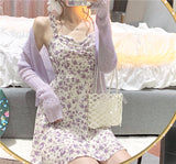 Floral Slip Dress Ladies Mini A-line Strap Dress  High Waist Ruched Purple Sundress For Women Spring  Clothing Robe Femme Fairy Dress