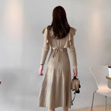 hoombox Vintage Elegant O-Neck Female Thicken Knit Long Dress Slim Full Sleeve Ruffles Women Sweater Dresses Vestidos Autumn Winter