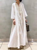 hoombox Women's Summer Dress Loose Embroidered White Lace V-Neck Long Beach Dress Elegant Dress Holiday Women's  White Dress