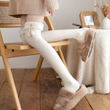 hoombox Japanese Vertical Stripe Plush Stockings Autumn Winter Cute Tights Kawaii Lamb Fur Wool Ball Calf Socks Lolita Knee High Socks