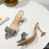 hoombox Fashion Crystal Sequined Bowknot Women Pumps Sexy Pointed Toe High Heels Wedding Prom Shoes Ladies PVC Transparent Sandals