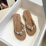 hoombox New Ins Rhinestone Chain Thick-soled Flip-flops Women Wear Beach Holiday Sandals and Slippers with Wedges Outside Summer.