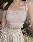 Pink Japanese Kawaii Lolita Crop Top Women White Korean College Style Sweet Tank Top Bow Lace France Princess Vset Female