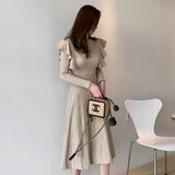 hoombox Vintage Elegant O-Neck Female Thicken Knit Long Dress Slim Full Sleeve Ruffles Women Sweater Dresses Vestidos Autumn Winter