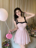 hoombox New Summer Dress French Style Princess Straps Dress High Waist Thin Pink Sweet Short Fairy Dress Female Sundress Bestidos