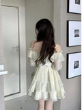 hoombox Long Sleeve Elegant Mini Dress Lolita Pure Color Short Party Dress Woman Casual  Spring Sweet One Piece Dress Korean Fashion