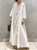 hoombox Women's Summer Dress Loose Embroidered White Lace V-Neck Long Beach Dress Elegant Dress Holiday Women's  White Dress