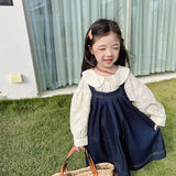 hoombox New Spring Girls Dress Suit Children's Clothing Sets Kids Embroidery Lapel Shirt and Denim Strap Dress 2PCS Outfit