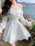 hoombox White Kawaii Sweet Dress Women Summer Korean Chic Elegant Party Mini Dress Fairy Casual Japanese Lolita Princess Cute Dress