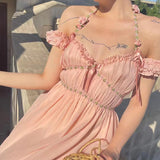 Summer Pink Casual Beach Fairy Dress  Boho France Elegant Strap Dress Women Chiffon Korean Style Sweet Party Midi Dress New