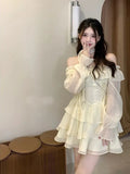 hoombox Long Sleeve Elegant Mini Dress Lolita Pure Color Short Party Dress Woman Casual  Spring Sweet One Piece Dress Korean Fashion