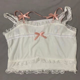 Pink Japanese Kawaii Lolita Crop Top Women White Korean College Style Sweet Tank Top Bow Lace France Princess Vset Female