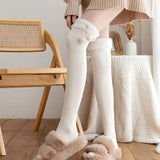 hoombox Japanese Vertical Stripe Plush Stockings Autumn Winter Cute Tights Kawaii Lamb Fur Wool Ball Calf Socks Lolita Knee High Socks