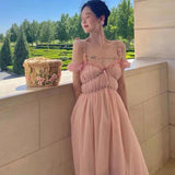 Summer Pink Casual Beach Fairy Dress  Boho France Elegant Strap Dress Women Chiffon Korean Style Sweet Party Midi Dress New