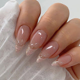 24Pcs Acrylic Fake Nails Press on Simple French False Nail with White Edge Design Wearable Mid-length Almond Full Cover Nail Tip