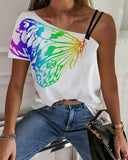 hoombox One Shoulder Butterfly Print Casual T-shirt