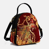 hoombox Women Canvas Ethnic Style Embroidery Peacock Pattern Sequin Mini Multi-carry Handbag Crossbody Bag