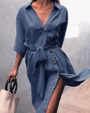 hoombox Tie Waist Button Down Elegant Shirt Dress 3/4 Sleeve Casual Dress