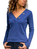 hoombox Autumn V-neck Button Decoration Solid Color Casual Long-sleeved Ladies T-shirt